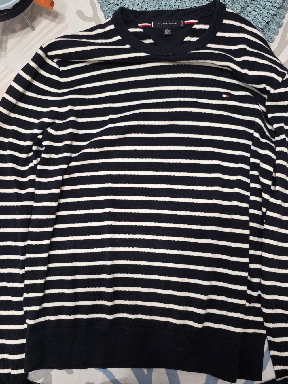 Tommy Hilfiger Navy and White Striped Crewneck Sweater